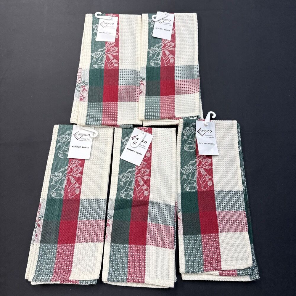 Kitchen Towels Green Red Tartan Plaid Bells Holly Waffle 100% Cotton NWT 5 Set - Picture 1 of 7